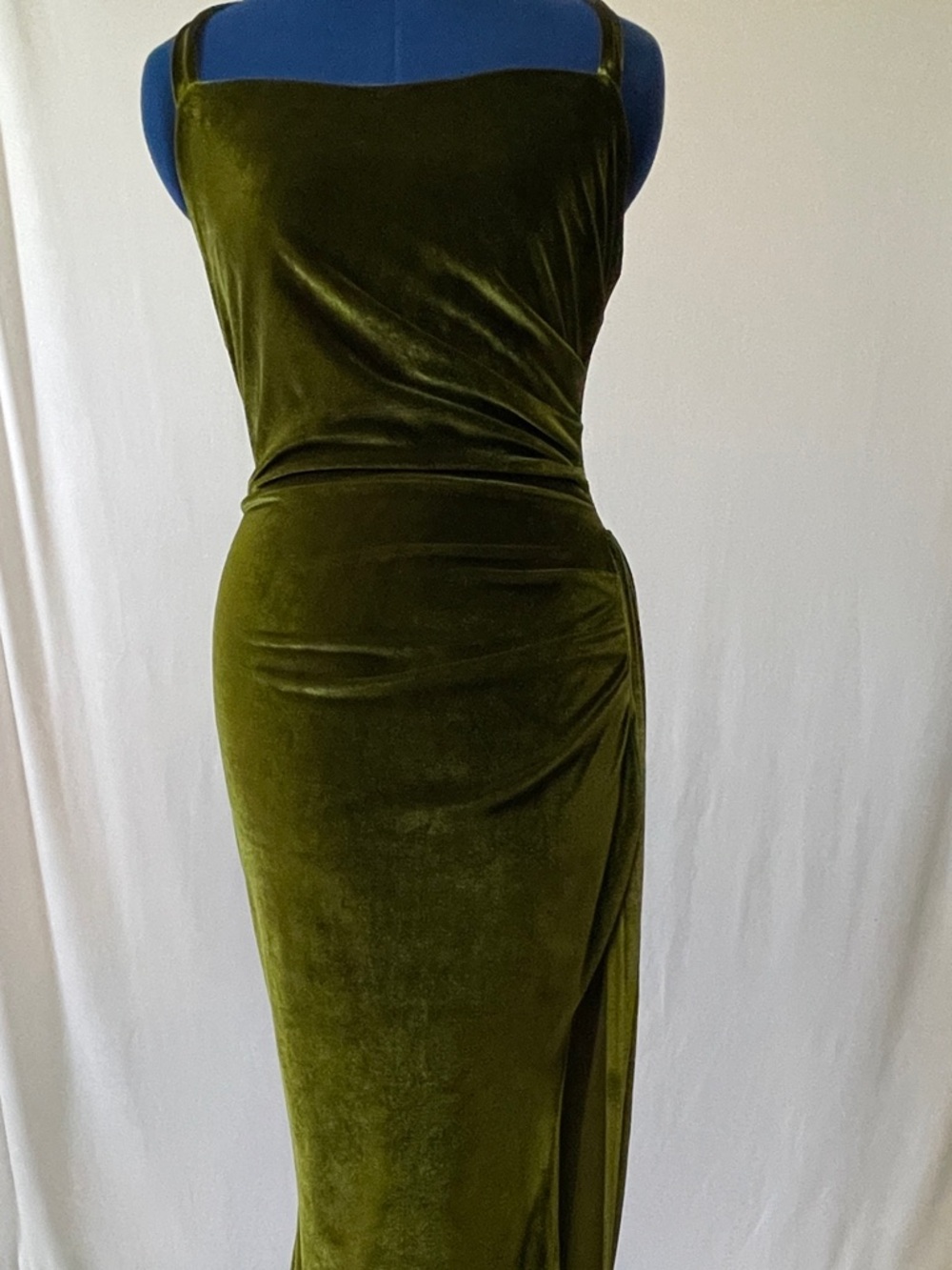 Olive Green Velvet Ruched Evening Dress